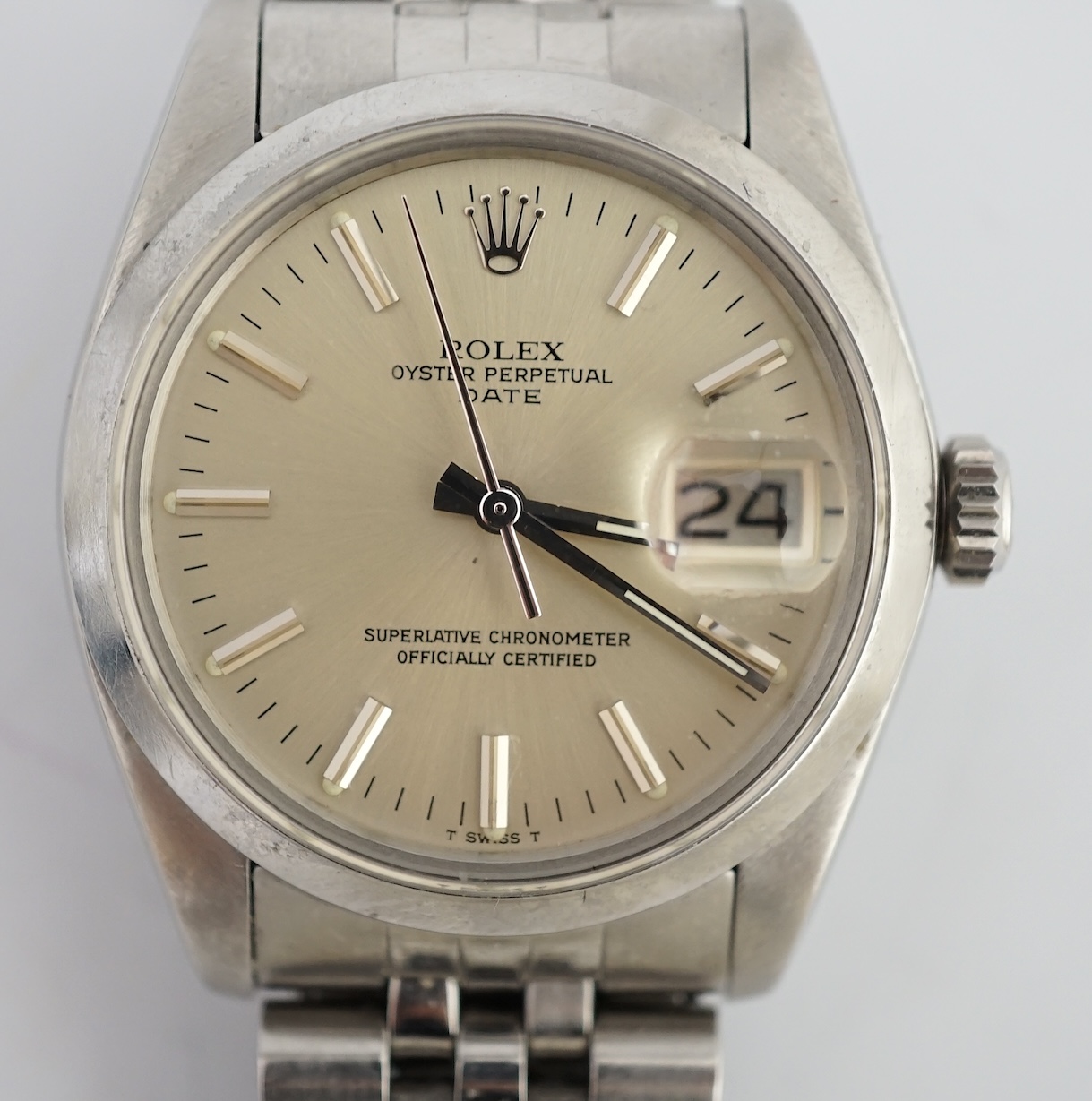 A gentleman's late 1970's/early 1980's stainless steel Rolex Oyster Perpetual Date wrist watch, on a stainless steel Rolex bracelet